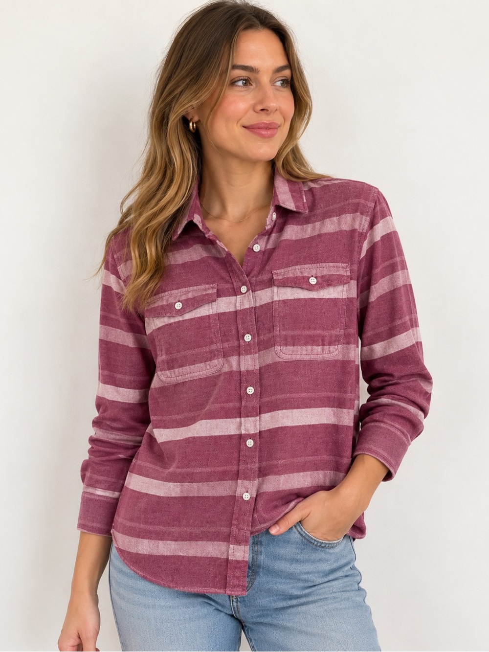 J Crew Shirt Womens Small Berry Red Cotton Flannel Striped Long Sleeve Button Up